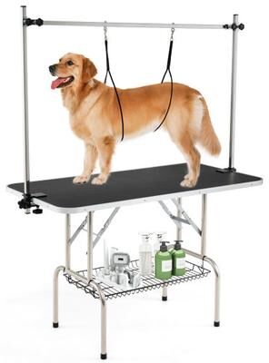Costway Foldable Dog Grooming Table with Height Adjustable Arms-Black