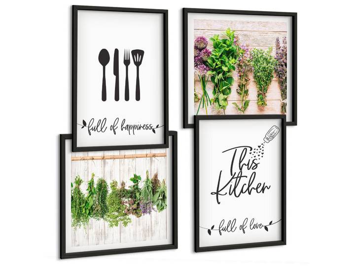Tulup Bilder SET 4er Set - 50x50 cm & 40x60 cm Schwarzer Rahmen - Küchenkräuterpflanzen Beschriftungen, Kunststoff, Rechteckig, 50x50 cm, gerahmt, Bilder & Rahmen, Bilder
