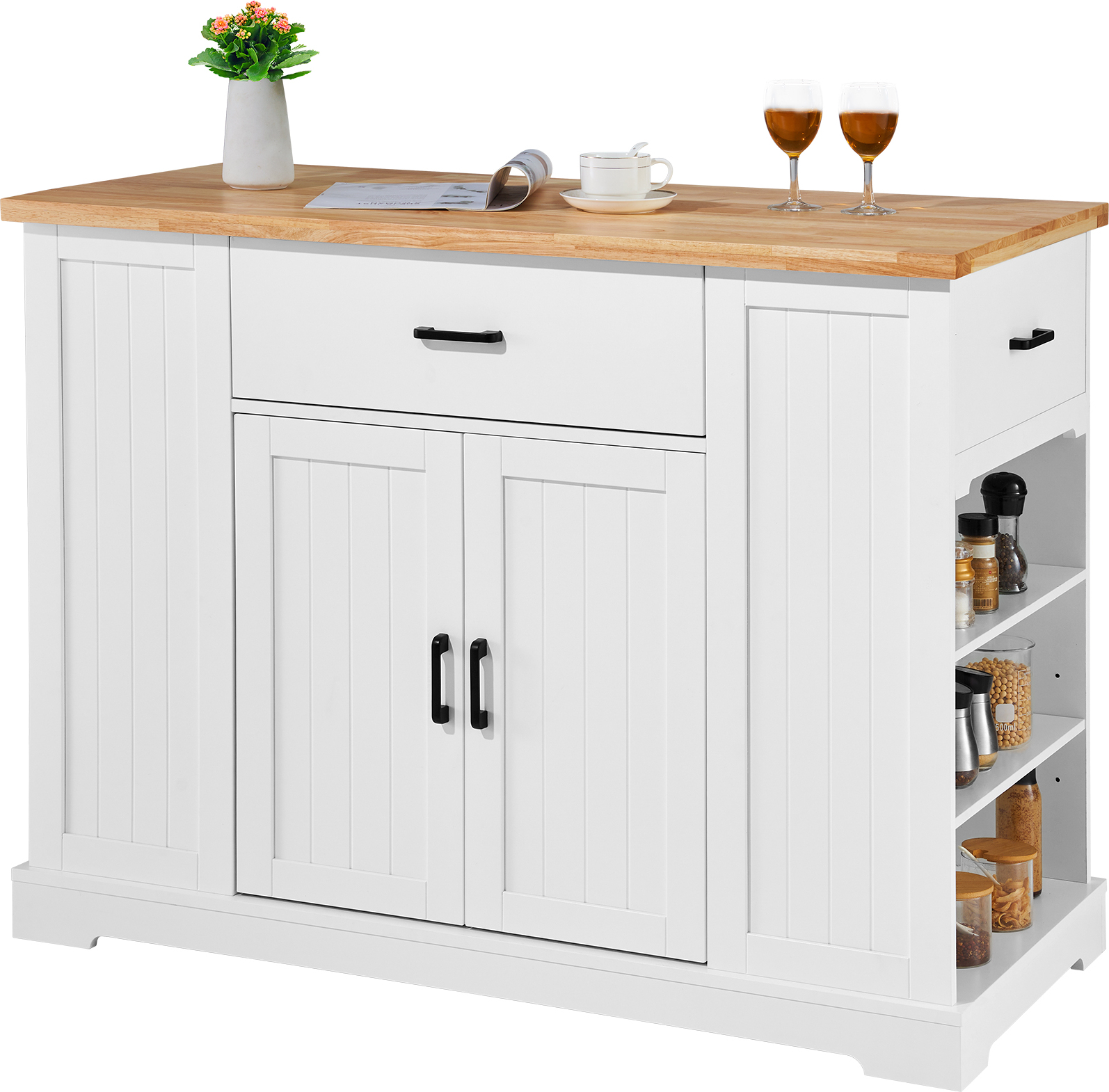Kücheninselwagen, 117 cm Frühstücksbar mit Holzplatte und Lagerschrank, Bauernküchentisch mit verstellbarem Regal, Schublade, für Esszimmer