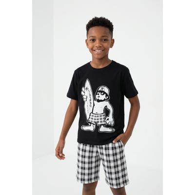 Shorty BONPRIX, Jungen, Gr. 164/170, schwarz (schwarz, weiß), Obermaterial: 100% Baumwolle, bedruckt, Basic normal, Rundhals, Homewear-Sets Shorty, lockere Passform, aus Baumwolle
