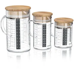 Arendo Messbecher-Set, 350/500/1000 ml, Borosilikatglas, Bambusdeckel mit Silikondichtung, 3-teilig