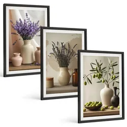 BILDER SET 3er Set - 40x60 cm Schwarzer Rahmen - Lavendelblüten, Oliven, Gefäße