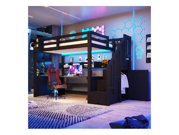 Odikalo Hochbett Jugendbett Einzelbett mit Leitplanke Stauraumschränken LED (90×200cm Bettgestell Treppe mit Stauraum Stabiles Holzgestell(ohne Matratze)