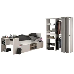 KINDERZIMMER weiß, Eiche 2-teilig, Jugendzimmer-Set mit Stauraumbett und Kleiderschrank