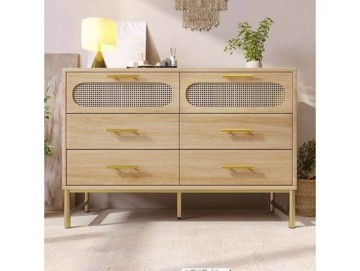 Commode - AUTREMENT - 120x40x74cm - 6 tiroirs en rotin - Métal - Chêne