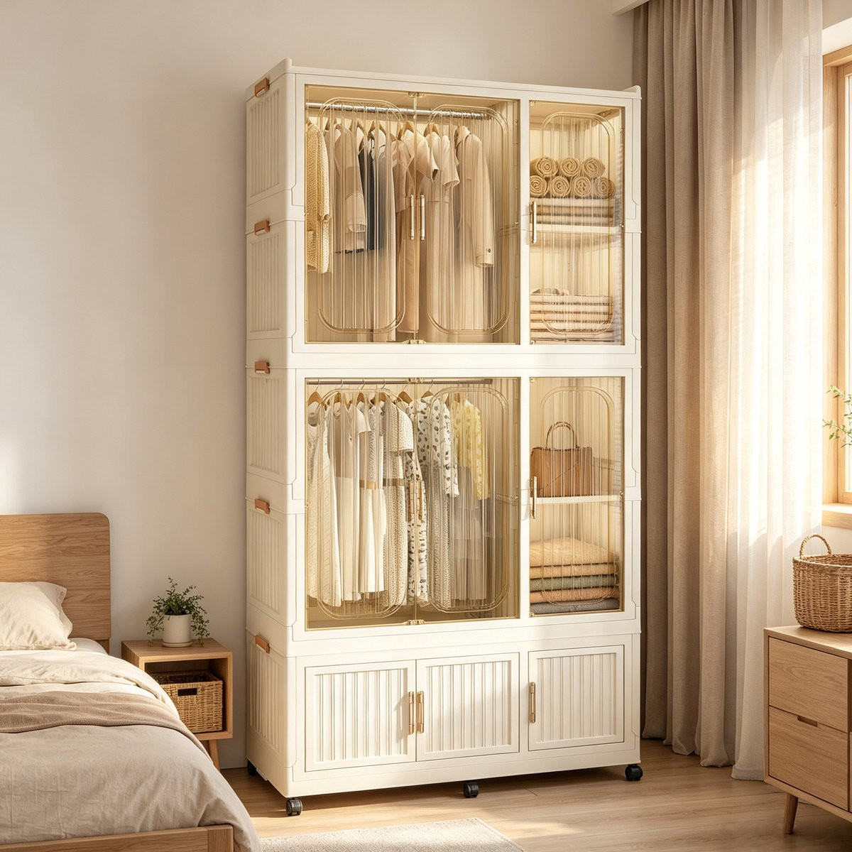 Clruro Modulaire Kledingkast met 9 Magnetische Deuren en 2 Hangroedes - Beige - PP-Kunststof