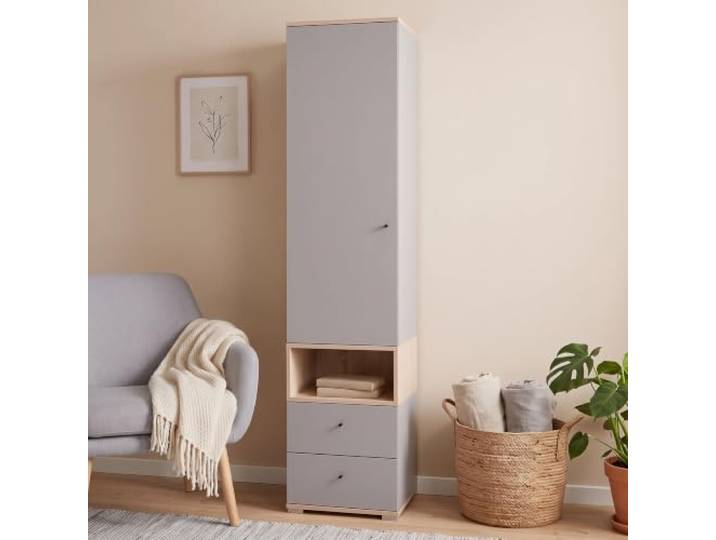 Lomadox Jugendzimmer Wäscheschrank 45 cm breit in Grau mit Eiche, Tür, 2 Schubladen