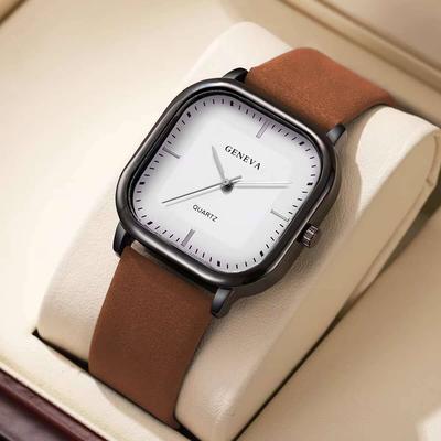 Friendly Fresh Finds Minimalist Mens Quartz Watch With Leather Strap Fashion Square Wristwatch brown White