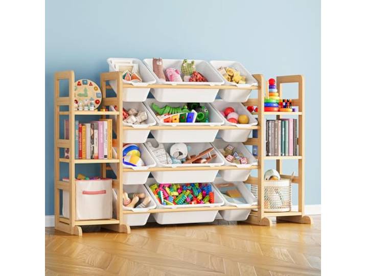 SpaceAid Kinderregal mit 12 Boxen, Spielzeug Aufbewahrung, Weiß Kinder Bücherregal, Spielzeugregal mit 6 Regalen, Kinderzimmer Möbel für Schlafzimmer, Raumdekoration, 133 x 80 x 34.5 cm