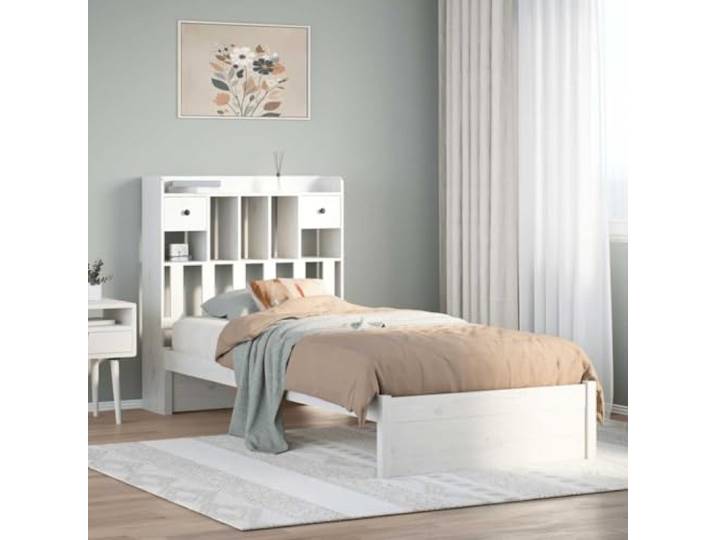 RJPLMFV Bücherbett, Kiefernholz, massiv, Weiß, 75 x 190 cm, ohne Matratze Lattenrost inklusive, integrierte Aufbewahrung, ersetzt Nachttisch, ideal für kleines Schlafzimmer