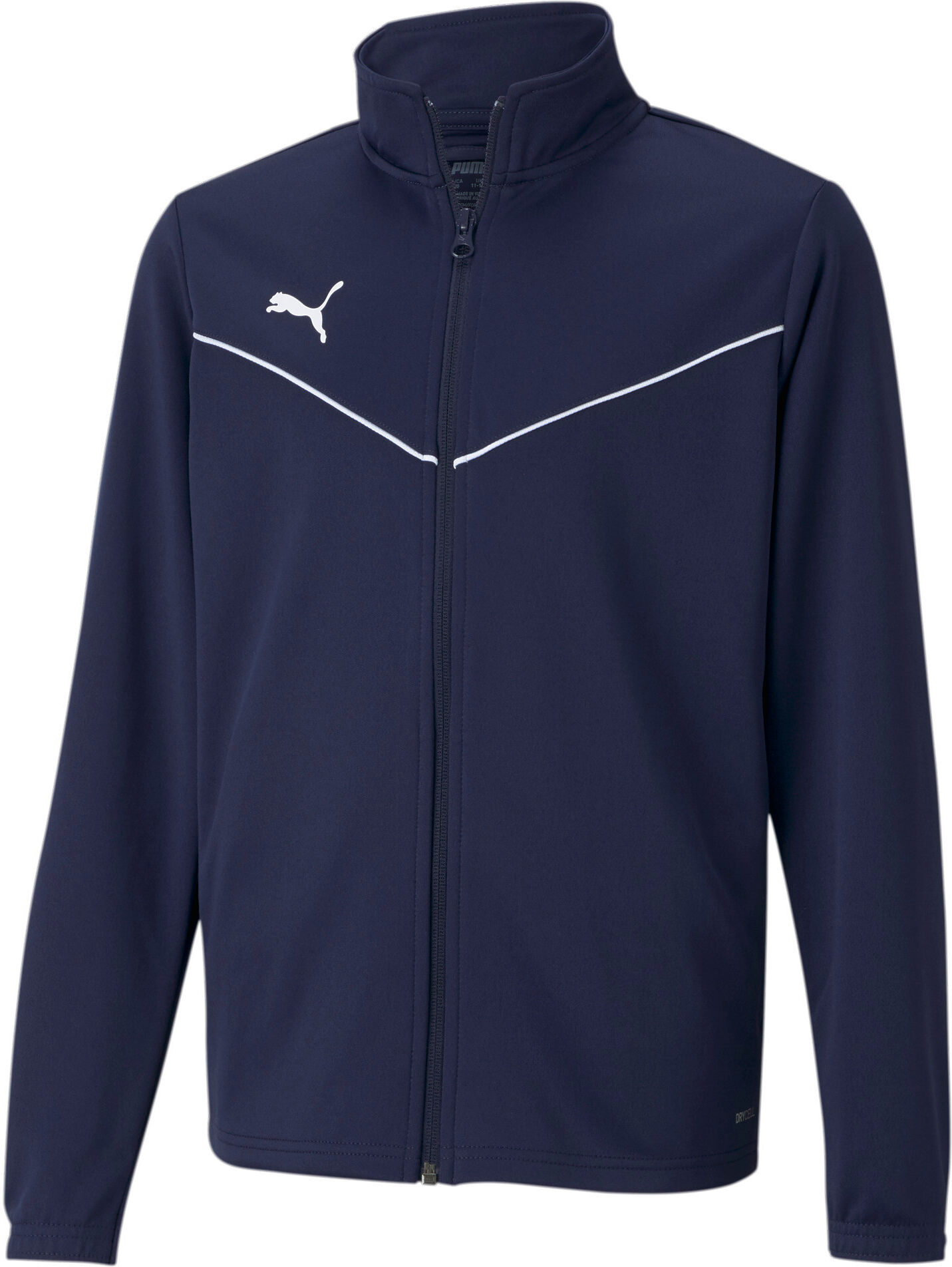 Trainingsjacke PUMA "TEAMRISE TRAINING POLY JACKET JR", Jungen, Gr. 140, blau (peacoat, puma weiß), Piqué, Obermaterial: 100% Polyester, unifarben, regular fit normal, Jacken Trainingsjacke, für Jugendliche, mit Reissverschluss, DryCELL Technologie peacoa