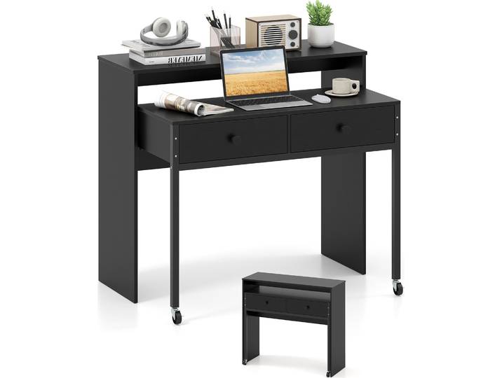 COSTWAY Schreibtisch ausziehbar, Kleiner Computertisch mit 2 Schubladen, Metallrahmen & Rollen, Bürotisch, Arbeitstisch, PC-Tisch 100x63x88 cm Schwarz