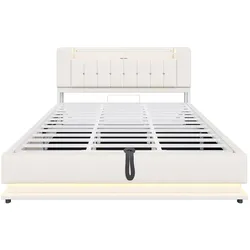 STILVORA Polsterbett Samt Beige 180x200 cm mit LED, USB-Anschluss und hydraulischem Stauraum