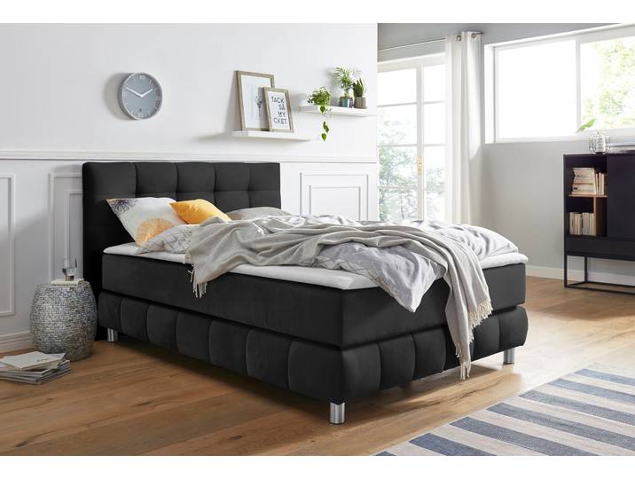Boxspringbett, Struktur, Grau, 134×211 cm, Inkl. Topper, Modern, andas