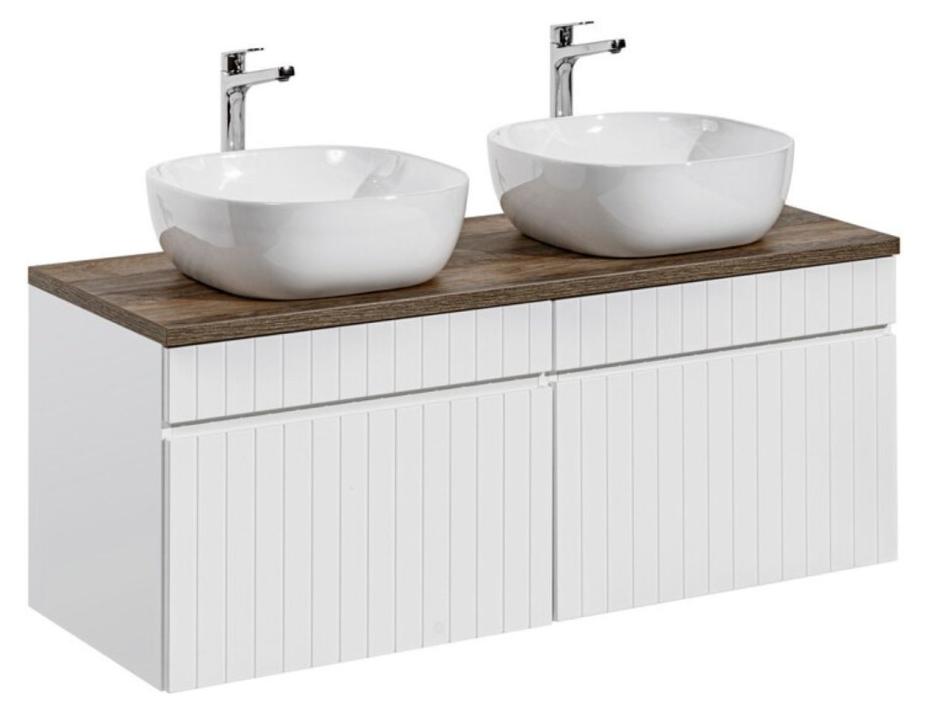 ICON Set weiß: 160cm Unterschrankmöbel + Ablagefläche für Waschbecken + zwei aufgesetzte weiße Waschbecken