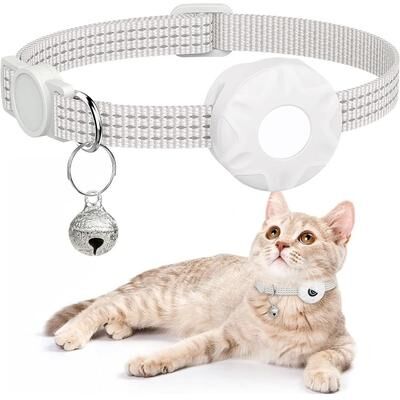 Uplift Picks Reflective AirTag Cat Collar With Holder And Bell For Safer Pet Tracking white