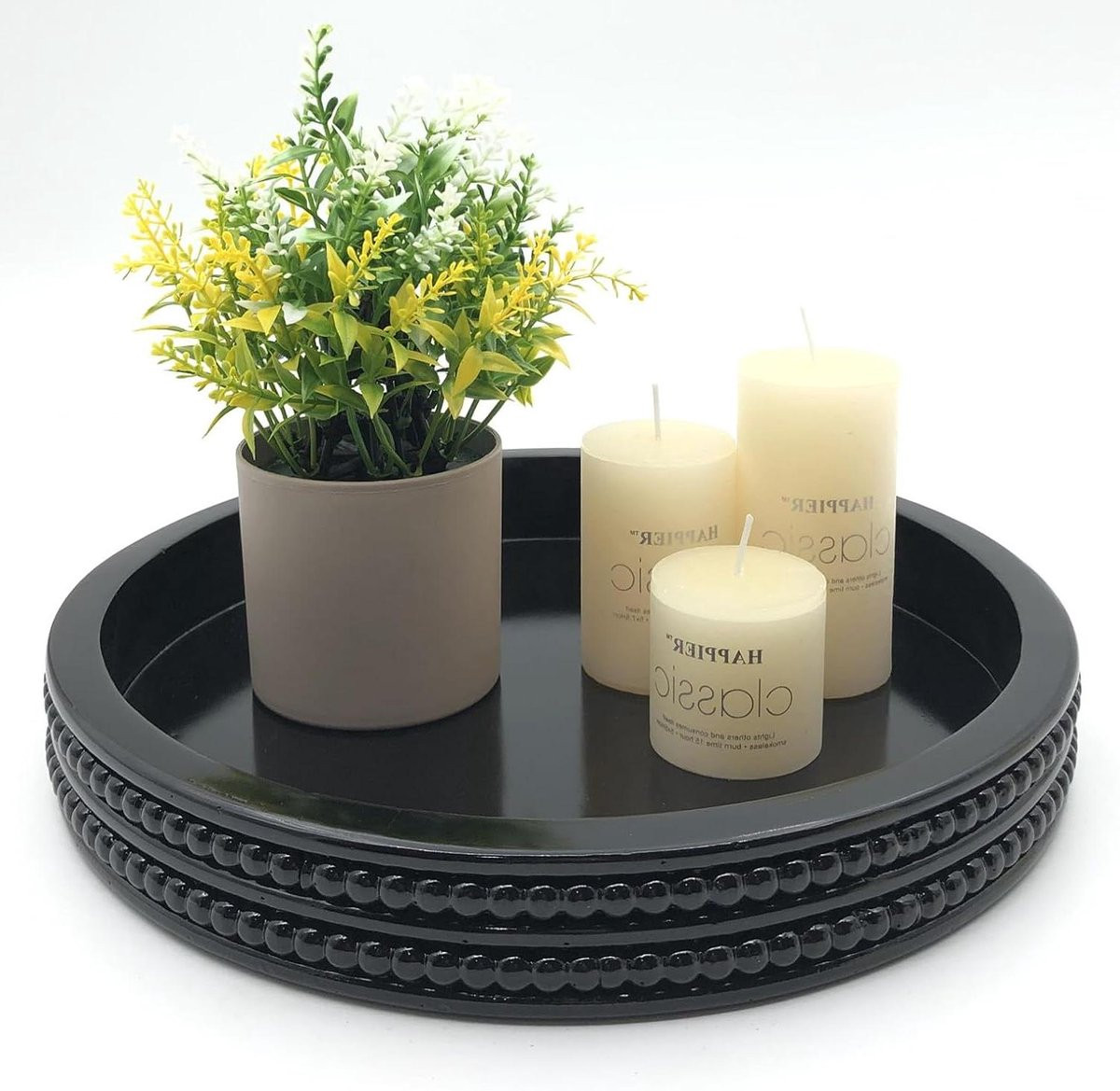 Rond houten dienblad als decoratieve schaal voor sieraden en houten kralen - Zwart