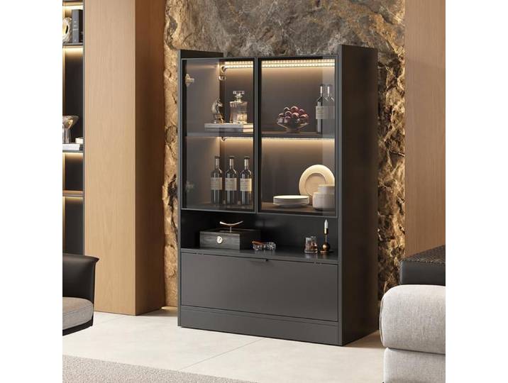 Vitrine avec éclairage LED Meuble Haut Moderne Noir avec Portes en Verre et Porte Pliante Bibliothèque Vitrine pour Collection