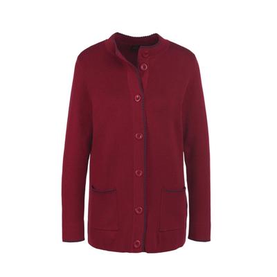 Strickjacke GOLDNER "Kurzgröße Herbstcardigan mit Stehkragen", Damen, Gr. 20, rot (dunkelrot), Obermaterial: 50% Baumwolle CO. 50% Polyacryl PAN., figurumspielend, Sonstiges, Strickjacken Strickjacke, Farblich abgesetzte Steppstiche