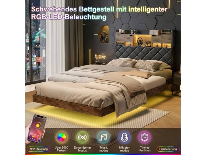 Lit Flottant 160x200cm - Tête de Lit Rangement & LED - Charge USB/Prise EU - Design Suspendu Moderne - Cadre de lit rembourré