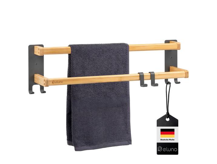 eluno Handtuchhalter, Metall grau mit Bambus, Grau, Holz, 64.5x18x12 cm, Badezimmer, Badezimmerausstattung, Handtuchhalter
