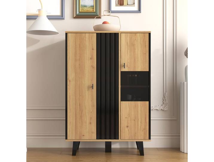 Vitrine/Buffet - 2 Portes - Bois et Noir - 80x120x40 cm - Éclairage LED Étages