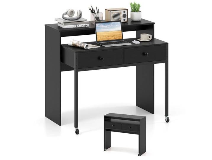 Bureau informatique extensible à roulettes verrouillables avec étagère écran et 2 tiroirs de rangement