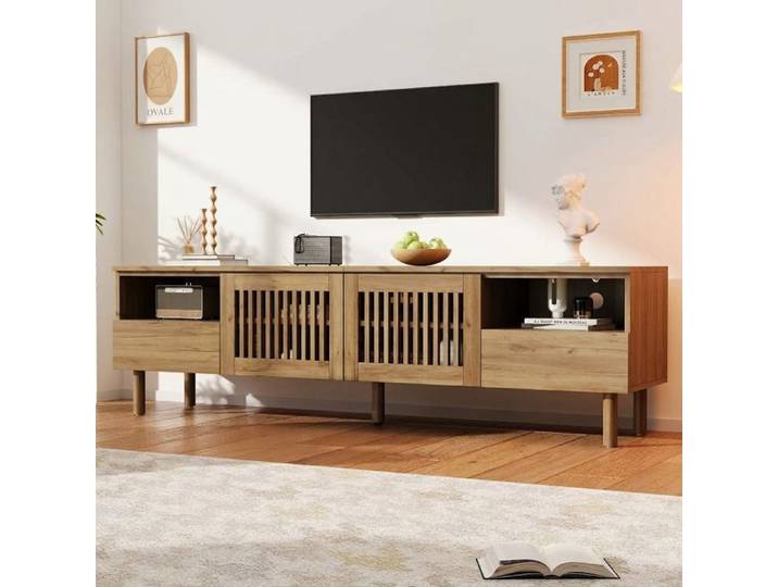 Norevia Meuble TV 180 cm en MDF Banc TV avec Portes Grillagées et Pieds en Bois