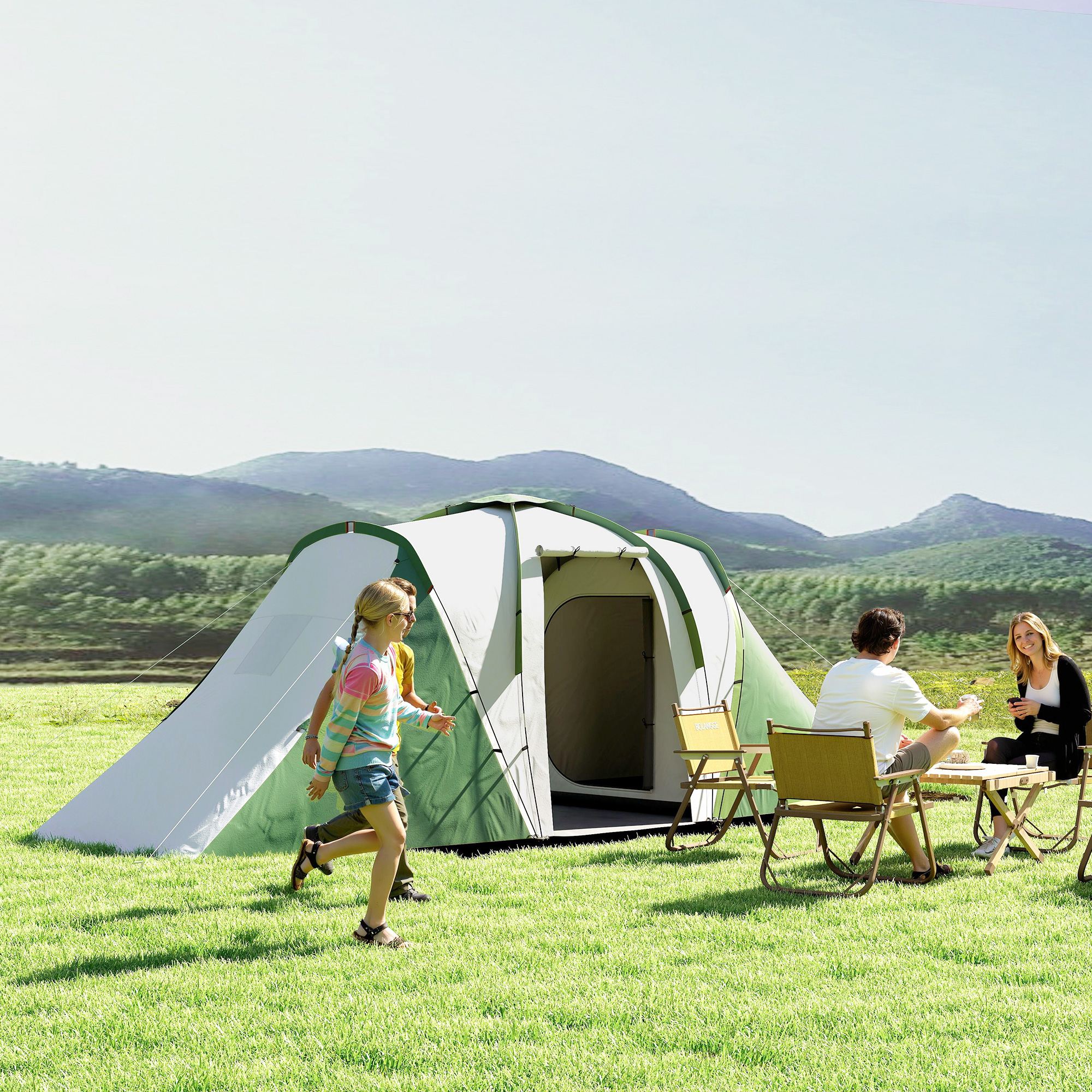 Outsunny Tenda da Campeggio 4-6 Persone con 2 Camere, in Poliestere e Fibra di Vetro, 555x225x190 cm, Grigio e Verde
