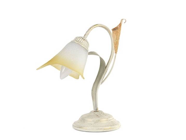 ONLI - Lampe à chevet en métal ivoire avec nuances dorées. Verre blanc nuancé ambre