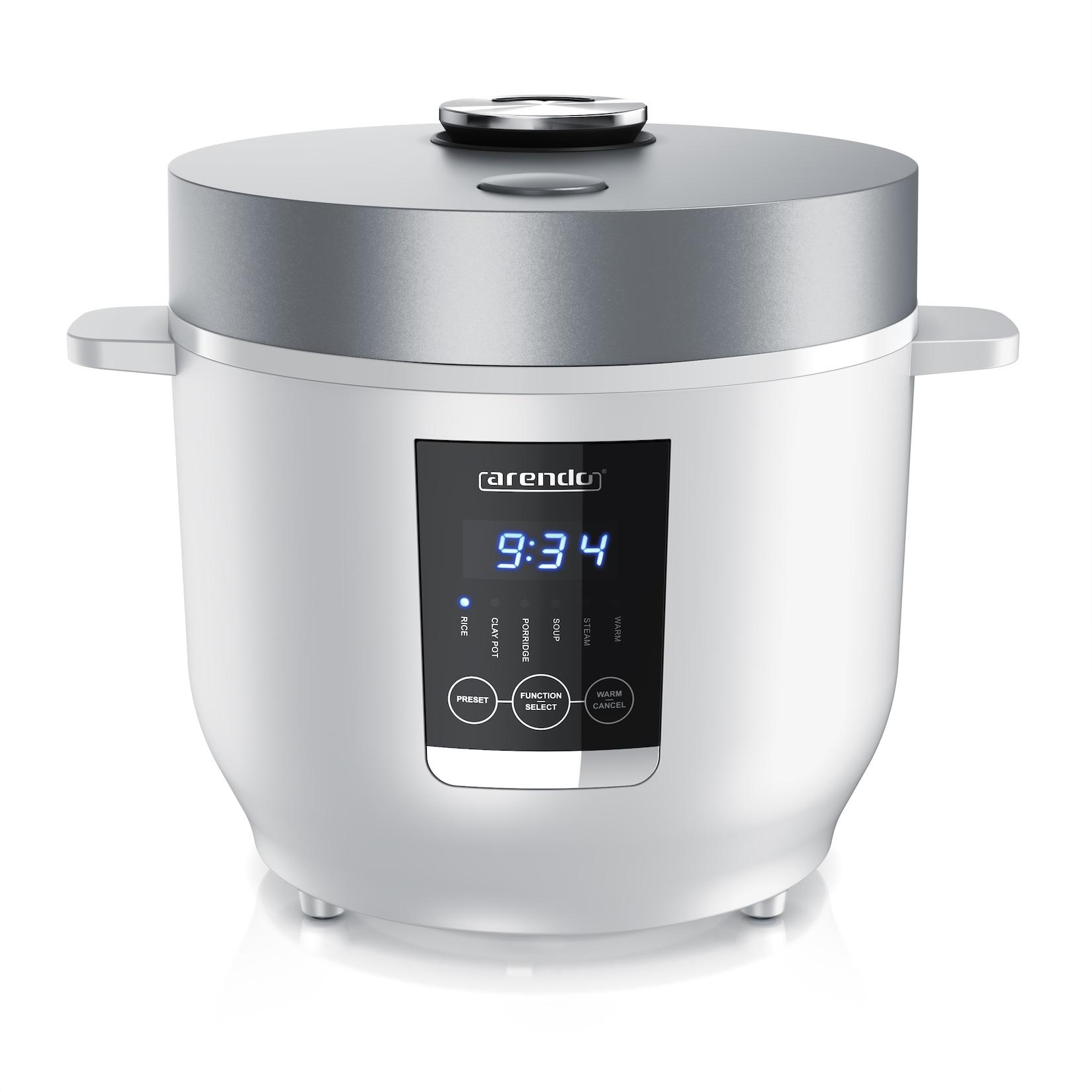 Arendo Digitaler Reiskocher mit 5 Programmen, 350W, 2 Liter, Timer- und Warmhaltefunktion, BPA-frei, inkl. Messbecher & Reislöffel, Weiß/Silber