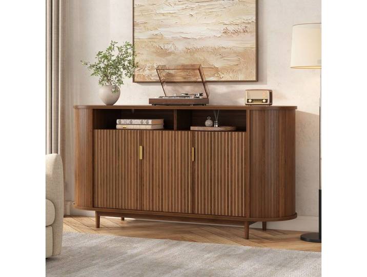 Buffet bas noyer 3 portes MDF panneau de particules aspect bois style contemporain ORVRYN