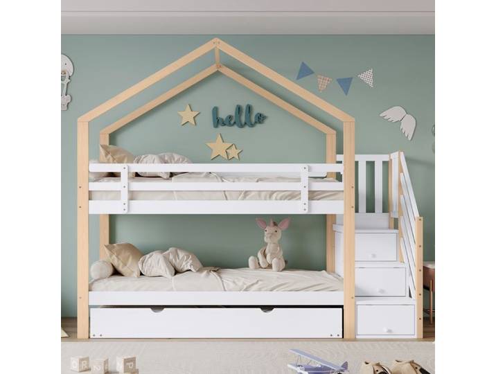 Lit Superposé 90x200cm + Lit Cabane Extensible 90x190cm - Escalier 4 Tiroirs Cadre Lattes Naturel & Blanc - Enfant & Bébé