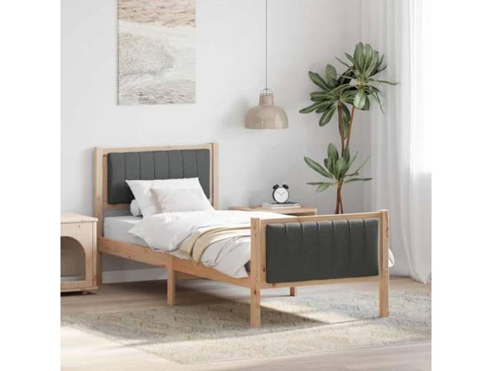 RJPLMFV Bettgestell, Plattform, 75 x 190 cm, Dunkelbraun Massives Kiefernholz, Kopfteil und Fußteil gepolstert, ohne Lattenrost, modernes Design
