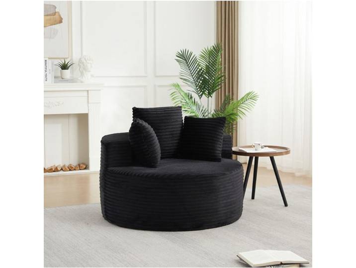 Fauteuil Rond Noir En Velours Côtelé Fauteuil Relax Moderne FloraGrace Pour Salon Avec 3 Coussins 110x110x82cm