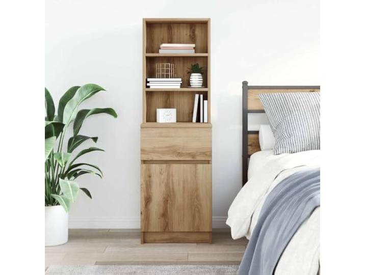 KTHLBRH Nachttisch Eiche Handwerk 39 x 35 x 125 cm Technisches Holz 2 offene Einlegeböden, 1 Schublade, Kapazität 60 kg, Montage links oder rechts