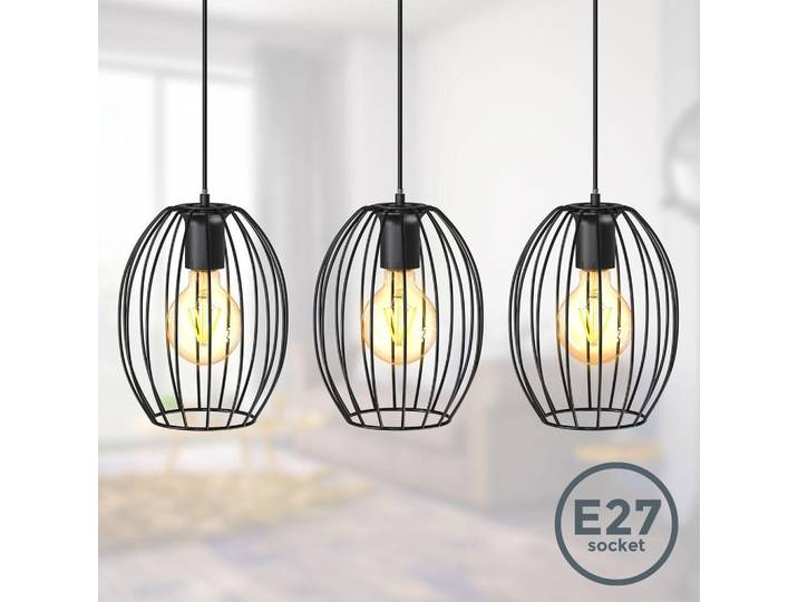 Hängelampe - E27 Fassung, retro, 3-flammig, max. 60W, Drahtgestell, schwarz