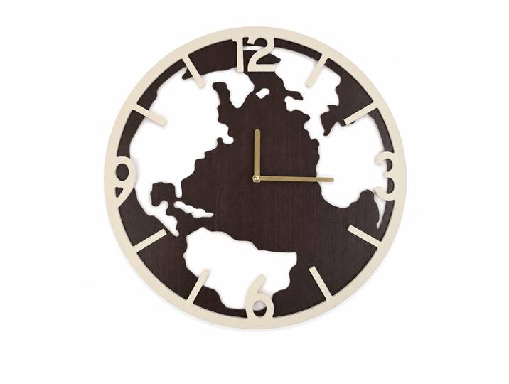 Uhr GOODPRODUCT runde Wanduhr mit Quarzuhrwerk, ca.39,5cm , braun (schwarz, natur), B:39,5cm H:39,5cm T:3cm, Wanduhren, Uhr, aus MDF mit goldfarbenen Zeigern, Landkarte, Weltkarte