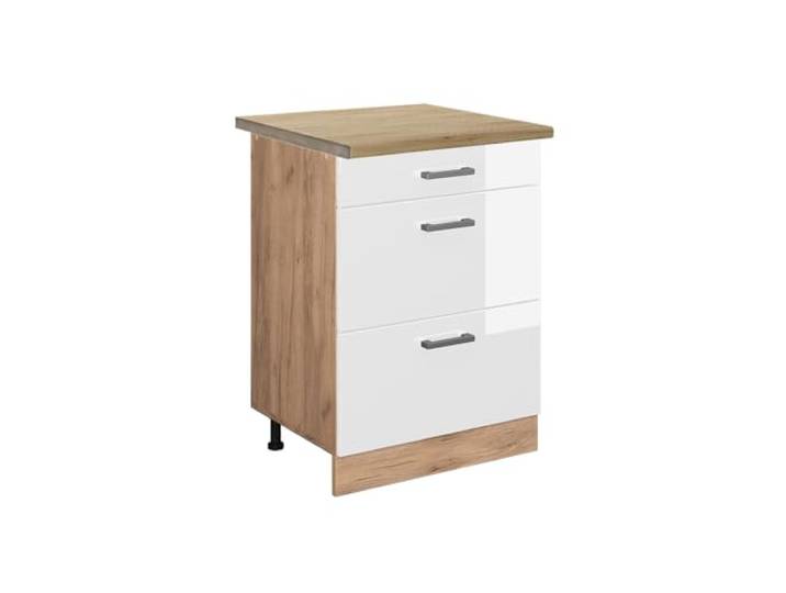 Vicco Küchenunterschrank R-Line, Weiß Hochglanz, 60 cm 3 Schubladen · Arbeitsplatte Eiche · Höhenverst. Füße · Leichter Zugriff · Frei kombinierbar