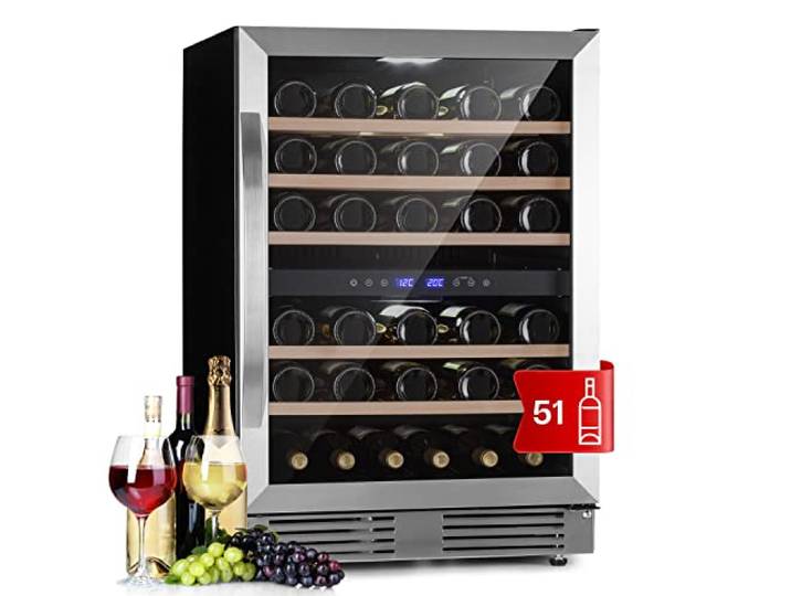 Klarstein Weinkühlschrank Freistehend, Kleiner Getränkekühlschrank Schmal, 2 Zonen Weinkühlschrank mit Glastür Klein, Indoor/Outdoor Beersafe, Kühlschrank Klein mit Touchpad, 5-20°C, 51 Flaschen