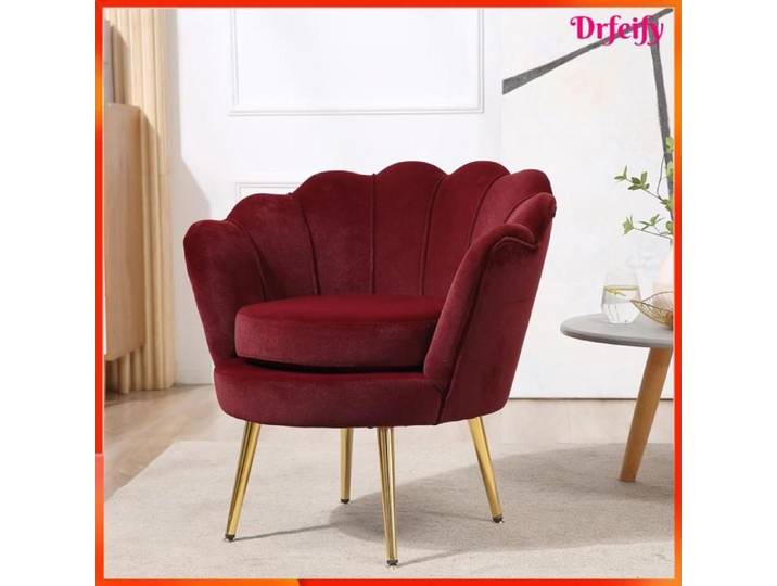 Fauteuil salon - AKOZON - 11294 - velours rouge - pieds métal doré - design coquillage