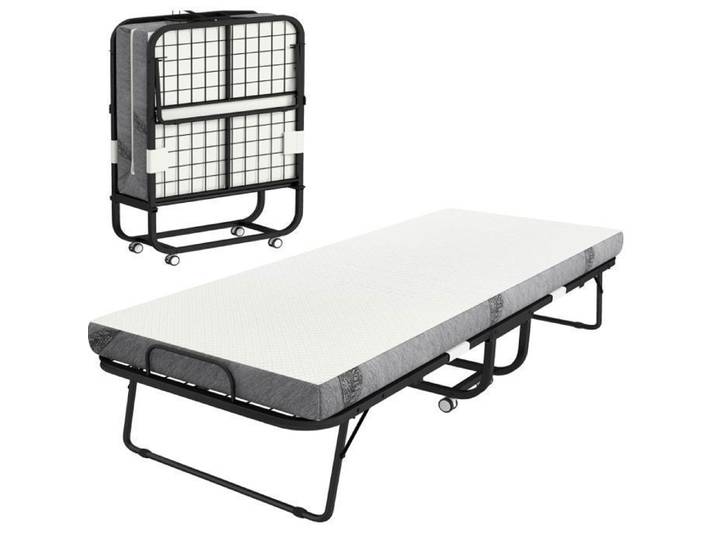 Lit pliant d'appoint 90 x 200 cm avec matelas - SENVIRO - sur roulettes structure en acier blanc
