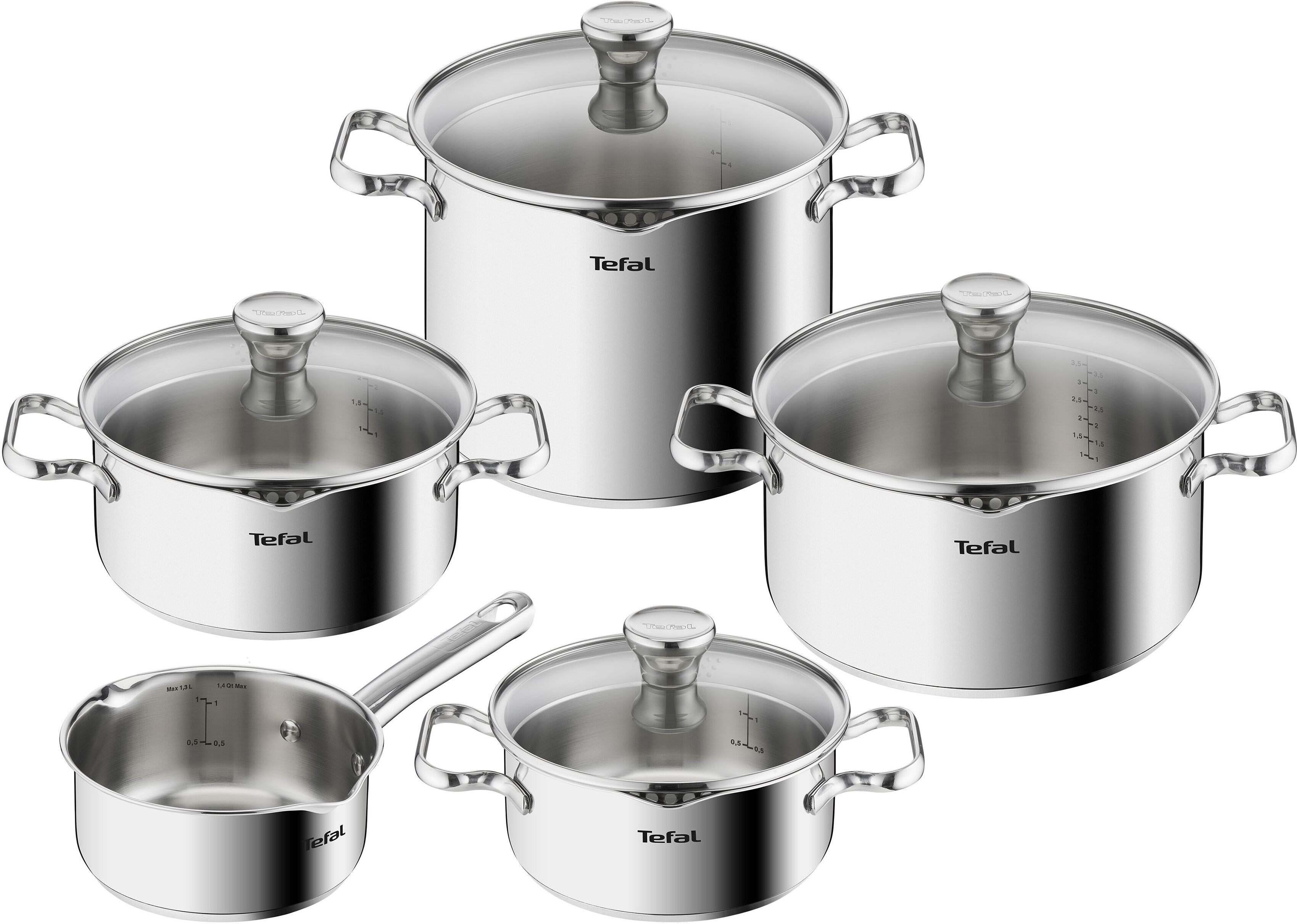 Topf-Set TEFAL "Duetto Induktion, robust und hochwertig, Induktions Töpfe Set", silber (edelstahlfarben), Töpfe, mit Siebdeckel, für alle Herdarten geeignet