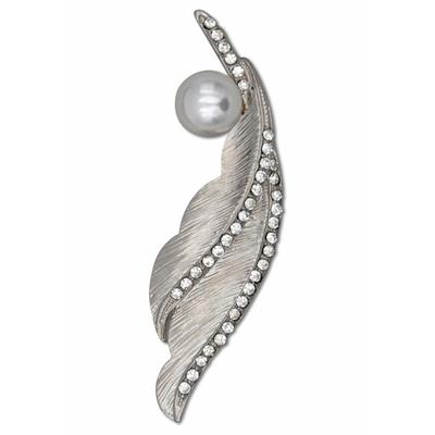 Brosche FIRETTI "Schmuck Geschenk Ansteckschmuck geschwungene Blattoptik mit Struktur", weiß (metallfarben, weiß, weiß), Broschen, Damen, Metall, Perlen, Brosche, mit Glassteinen - mit Kunststoffperle