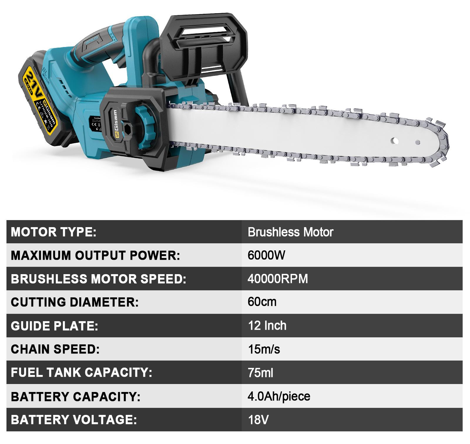 Selius Elektrische Kettingzaag 12 Inch - 18V Batterij - 6000W