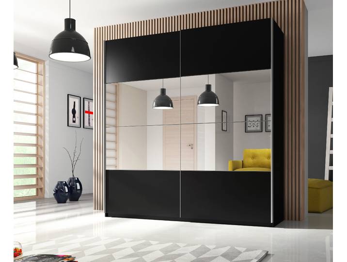 Schwebetürenschrank HOME AFFAIRE Beta Schiebetürenschrank Kleiderschrank Wäscheschrank , schwarz, B:200cm H:210cm T:61cm, FSC-zertifizierter Holzwerkstoff, Schränke, Schwebetürenschrank, mit Spiegel, INKLUSIVE kompletter Innenausstattung, Metallgriffe