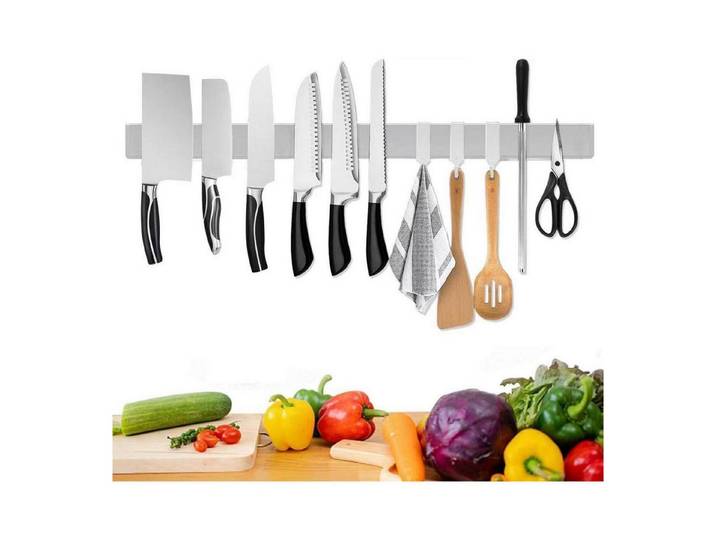 Trhillsbrad Wand-Magnet Messerhalter Verbesserte 60cm Magnetleiste Messer mit 3 Haken Edelstahl Silbrig