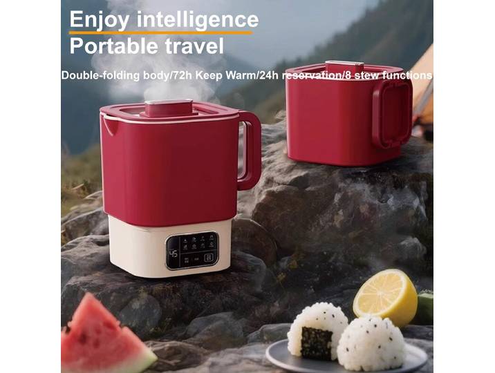 Bouilloire Électrique Pliante 110V/220V Portable avec Revêtement Céramique Antiadhésif, Tasse à Ragoût Multifonction avec Minuterie et Maintien au Chaud Automatique 1000ml