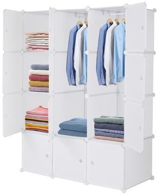 FCH 8/12/16/20 Cube Organizer Stackable Plastic Cube Storage Closet Cabinet with Hanging Rod White