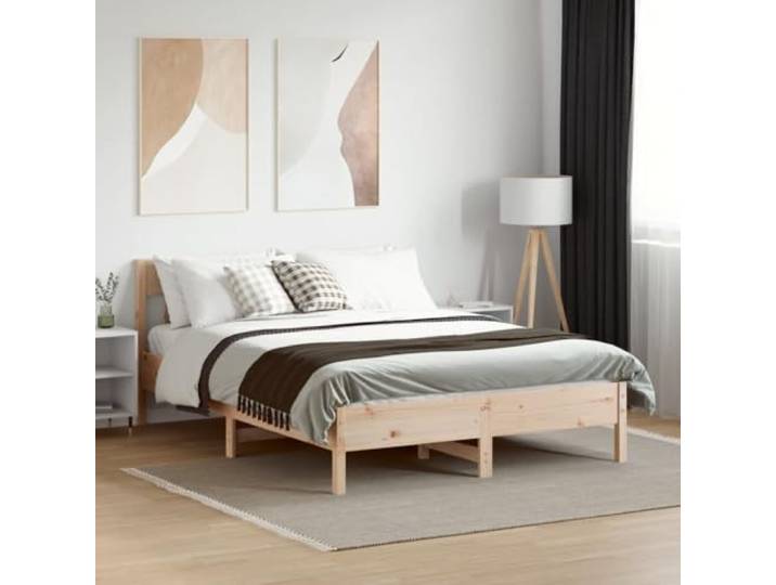 KTHLBRH Bett 135 x 190 cm aus massivem Kiefernholz Kopfteil, Lattenrost, Bettgestell mit Kopfteil, für Schlafzimmer